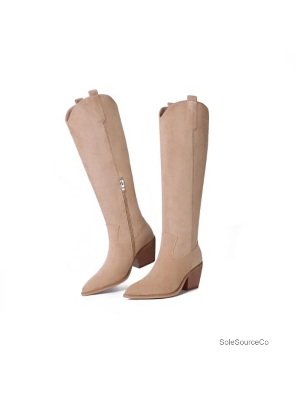 Knee High Cowboy Boots Faux Suede Chunky Heel Snip Toe Western